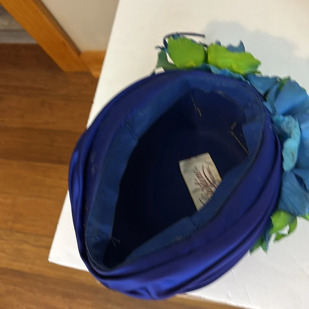 Vintage Royal Blue Satin Christine Original Hat with Leaves Accent